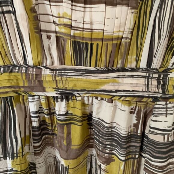 Halogen Yellow Browns Printed Silk Spaghetti Strap Pleated Pockets Dress - Picture 6 of 6